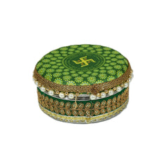 Green & Gold Round Mithai Box with Pearls & Saathiyo (Empty)