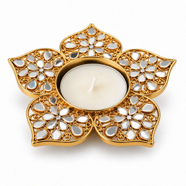 Gold Flower Petal Mirror-Work Diya