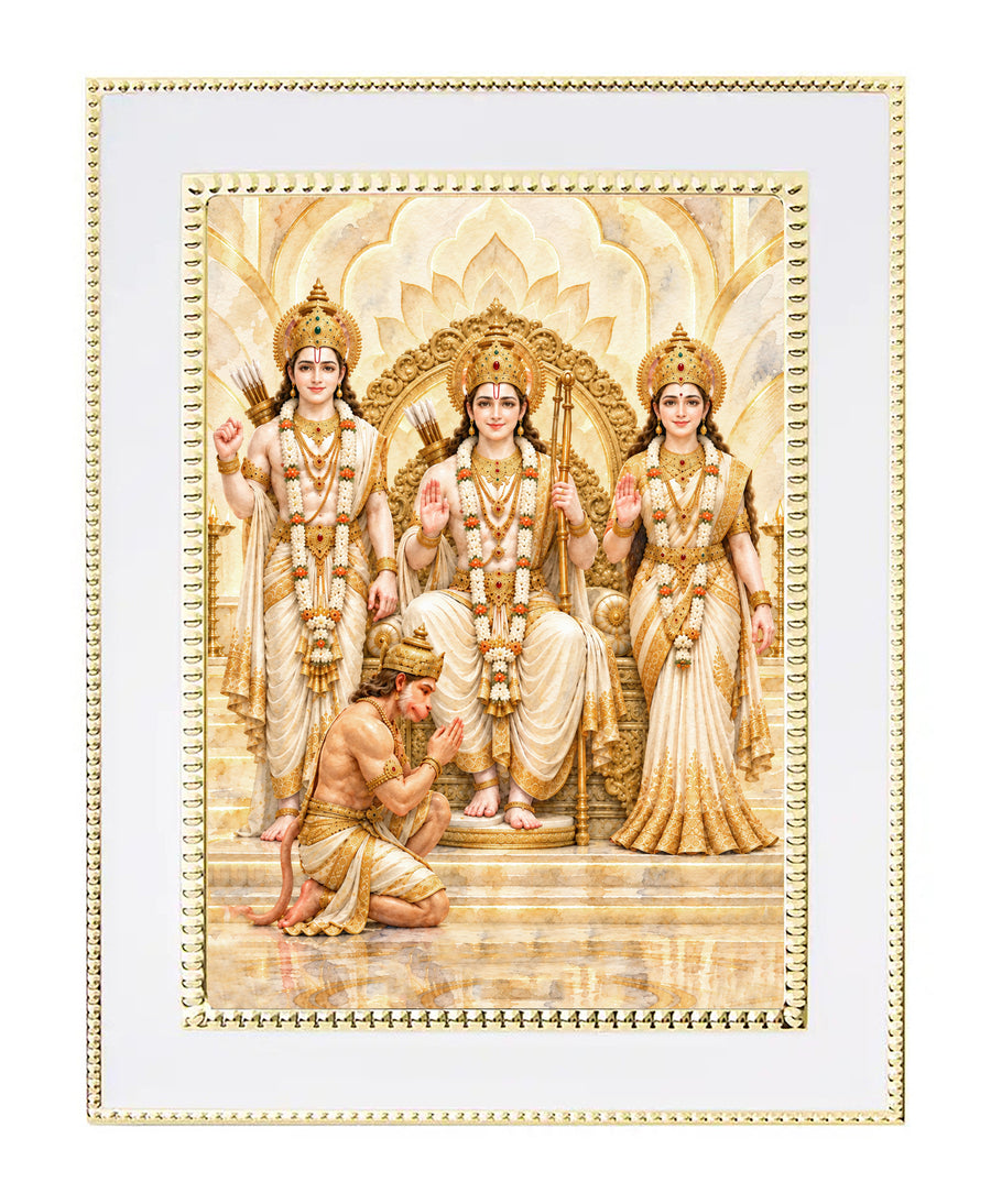 Luxury Ram Darbar framed Hindu artwork featuring Lord Ram, Sita, Lakshman and Hanuman in ivory and gold
