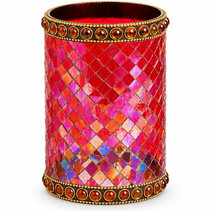 Luxury Ruby Red Glass Mosaic Tealight Holder – Gold Embellished Diwali, Christmas & Home Décor