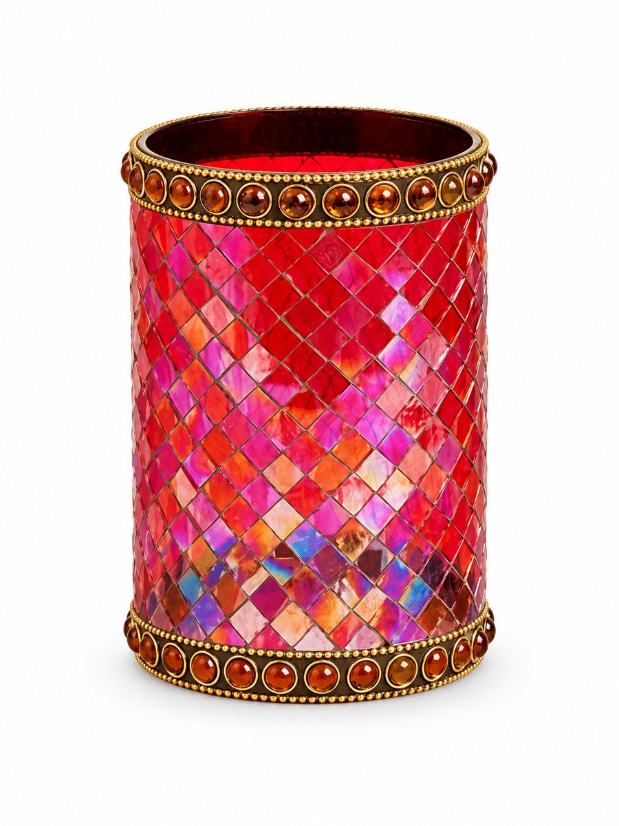 Luxury Ruby Red Glass Mosaic Tealight Holder – Gold Embellished Diwali, Christmas & Home Décor