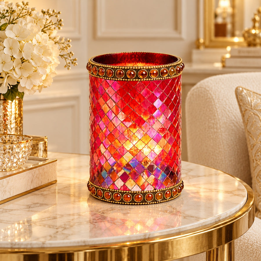 Luxury Ruby Red Glass Mosaic Tealight Holder – Gold Embellished Diwali, Christmas & Home Décor