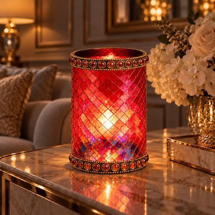 Luxury Ruby Red Glass Mosaic Tealight Holder – Gold Embellished Diwali, Christmas & Home Décor