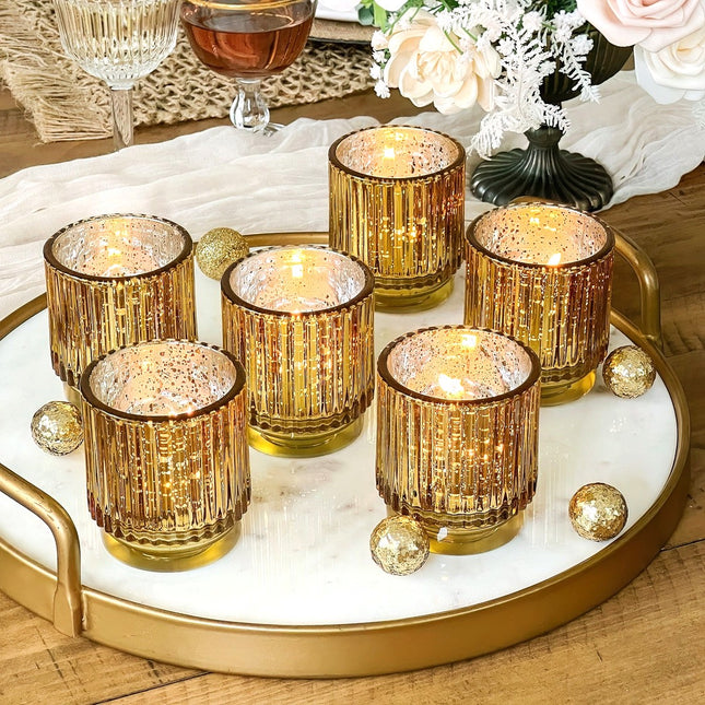 Ribbed Gold Glass Tea light Holders