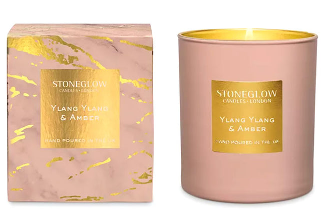 Exclusively Luxe scented candle gift with Stoneglow Ylang Ylang & Amber in gold-accented jar