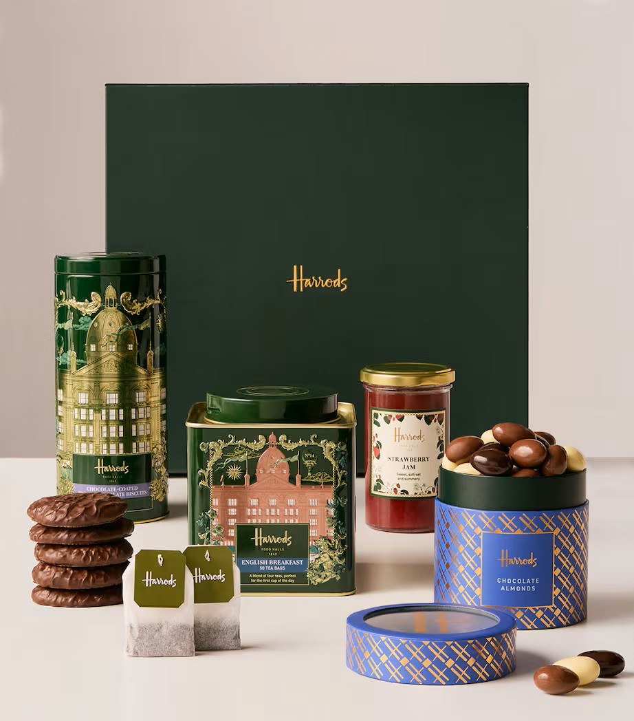 Harrods hamper with green gift box, tea tins, jam and chocolate
