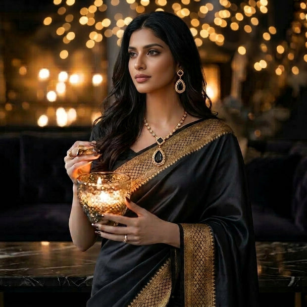 Woman in a black and gold sari holding a lit candle for Diwali