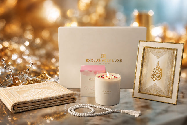 Luxury Sakinah Islamic Hamper in ivory and gold featuring prayer mat, pearl-white tasbih beads, framed Islamic calligraphy and Shifa Aromas fragrance.
