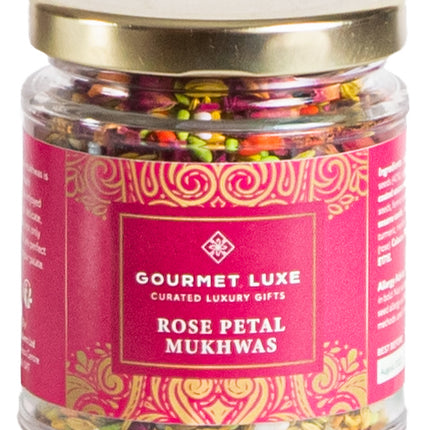 Premium Exclusively Luxe Rose Petal Mukhwas in clear jar with ornate pink and gold label