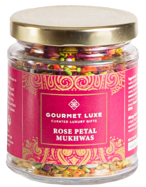 Premium Exclusively Luxe Rose Petal Mukhwas in clear jar with ornate pink and gold label