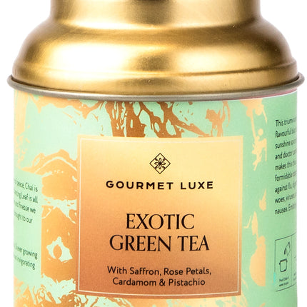 Exclusively Luxe exotic green tea tin with saffron, rose petals, cardamom, and pistachio blend