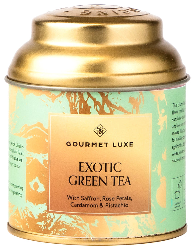 Exclusively Luxe exotic green tea tin with saffron, rose petals, cardamom, and pistachio blend