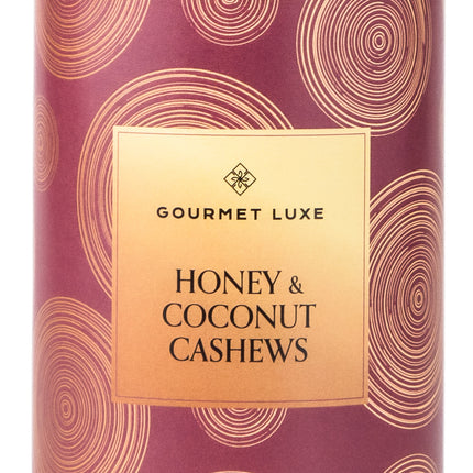 Exclusively Luxe Honey and Coconut Cashews in glass jar with gold lid and decorative label