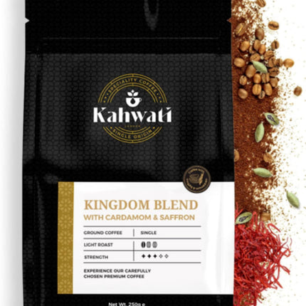Exclusively Luxe Kahwati Kingdom Blend coffee with cardamom and saffron in premium black pack.
