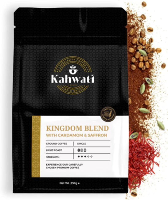 Exclusively Luxe Kahwati Kingdom Blend coffee with cardamom and saffron in premium black pack.