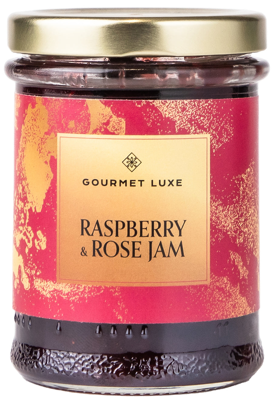 Exclusively Luxe Raspberry and Rose Jam in elegant glass jar with gold lid and red label