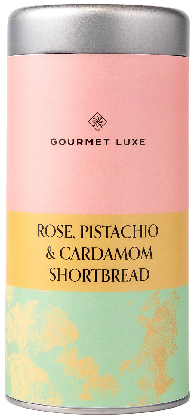 rose, pistachio & cardamom shortbread tin for luxury food hamper gifts